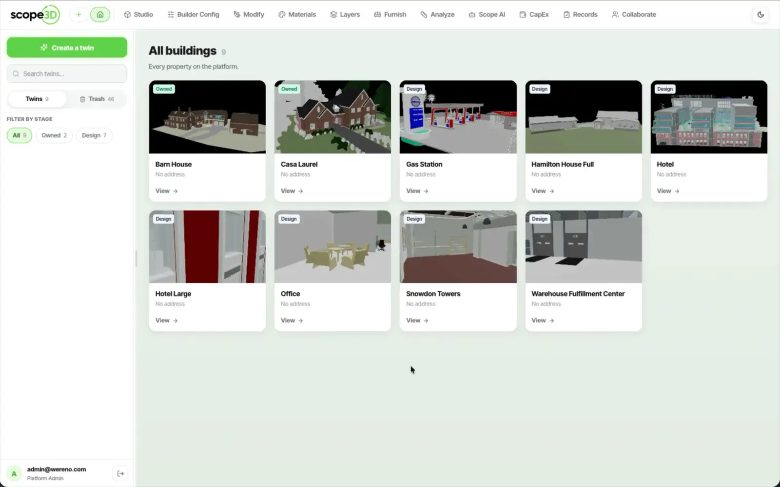 Owner dashboard of building twins
