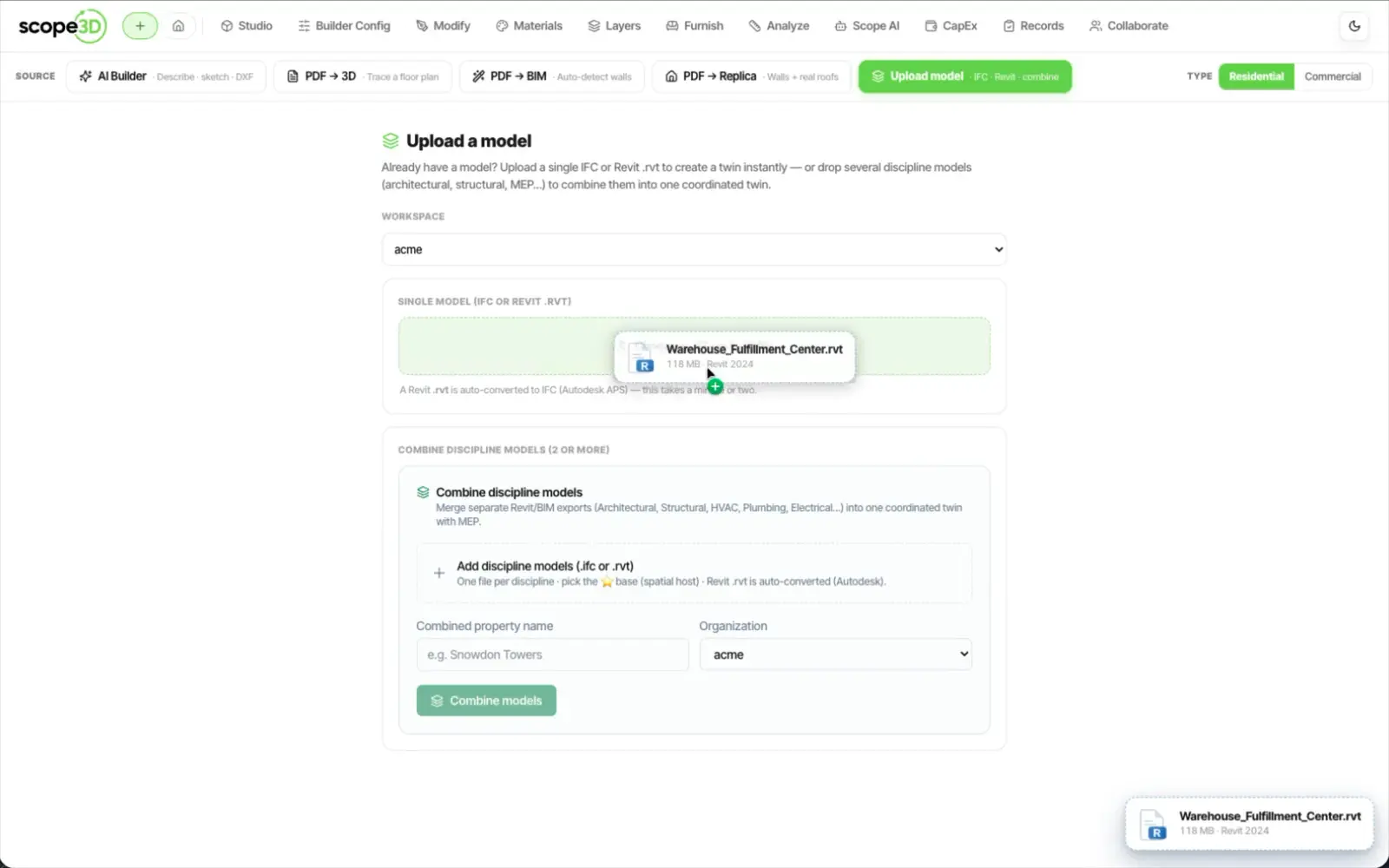 Choosing a source in Scope3D: AI Builder, PDF to 3D, PDF to BIM, or an IFC or Revit upload